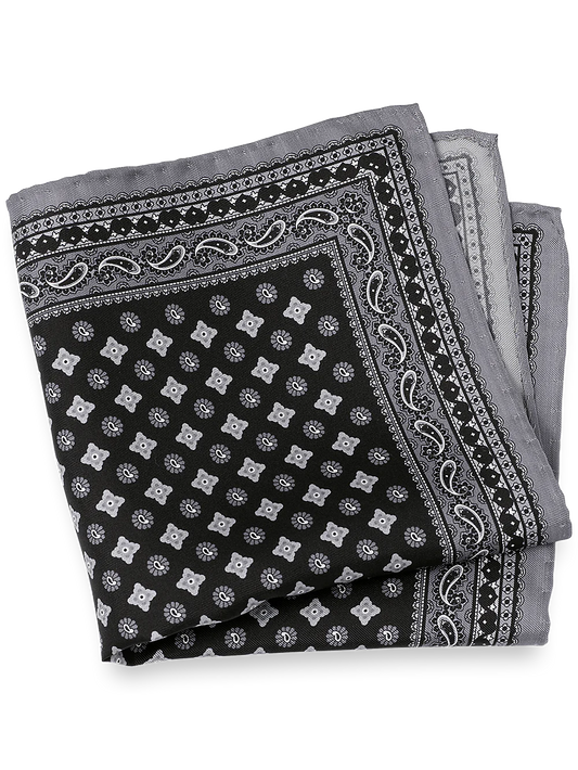 Medallion Silk Pocket Square - Black