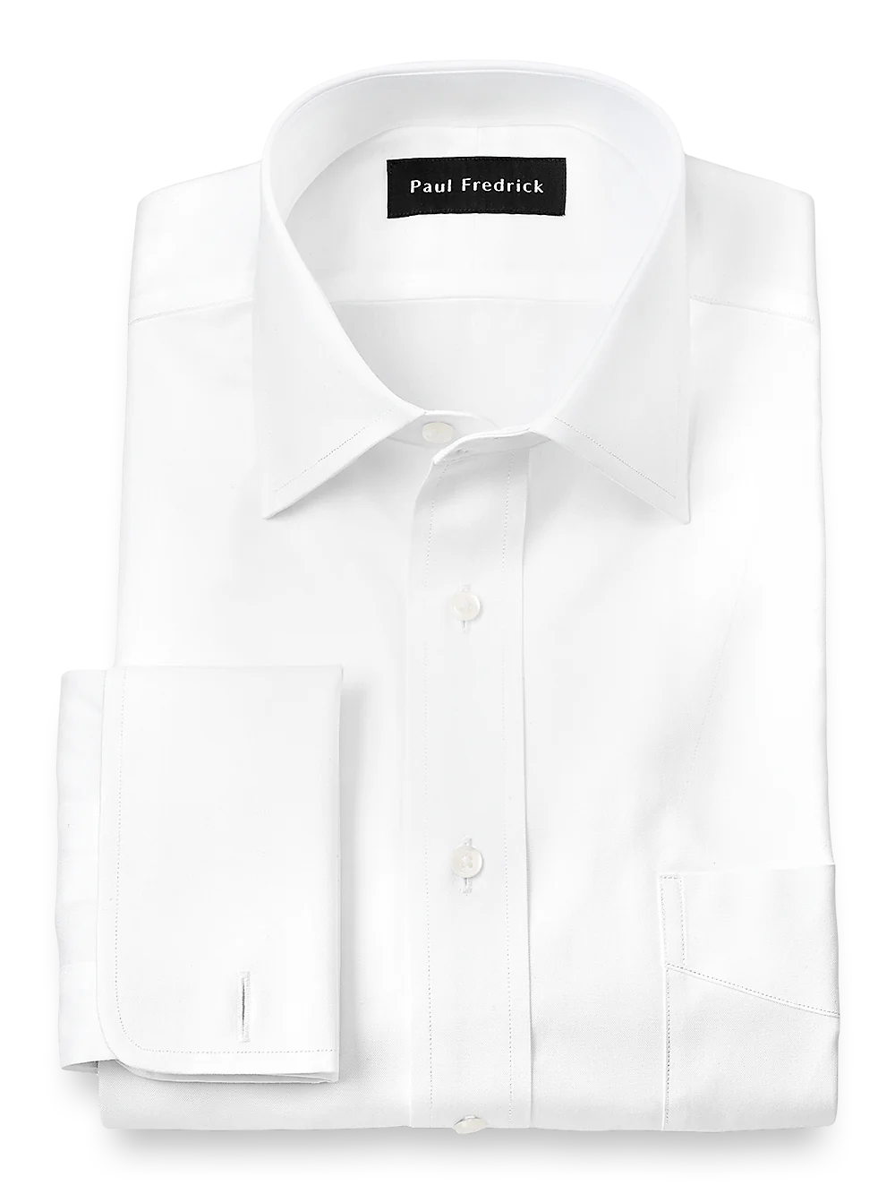 Pure Cotton Pinpoint Solid Color Spread Collar French Cuff Dress Shirt - White