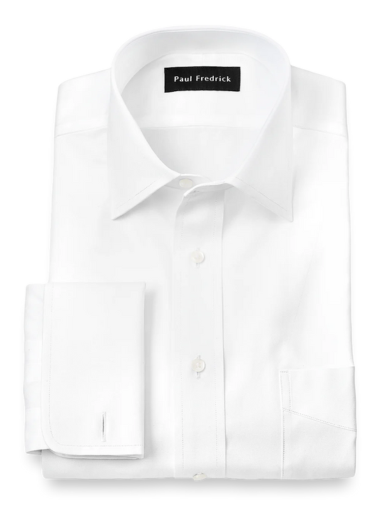 Pure Cotton Pinpoint Solid Color Spread Collar French Cuff Dress Shirt - White