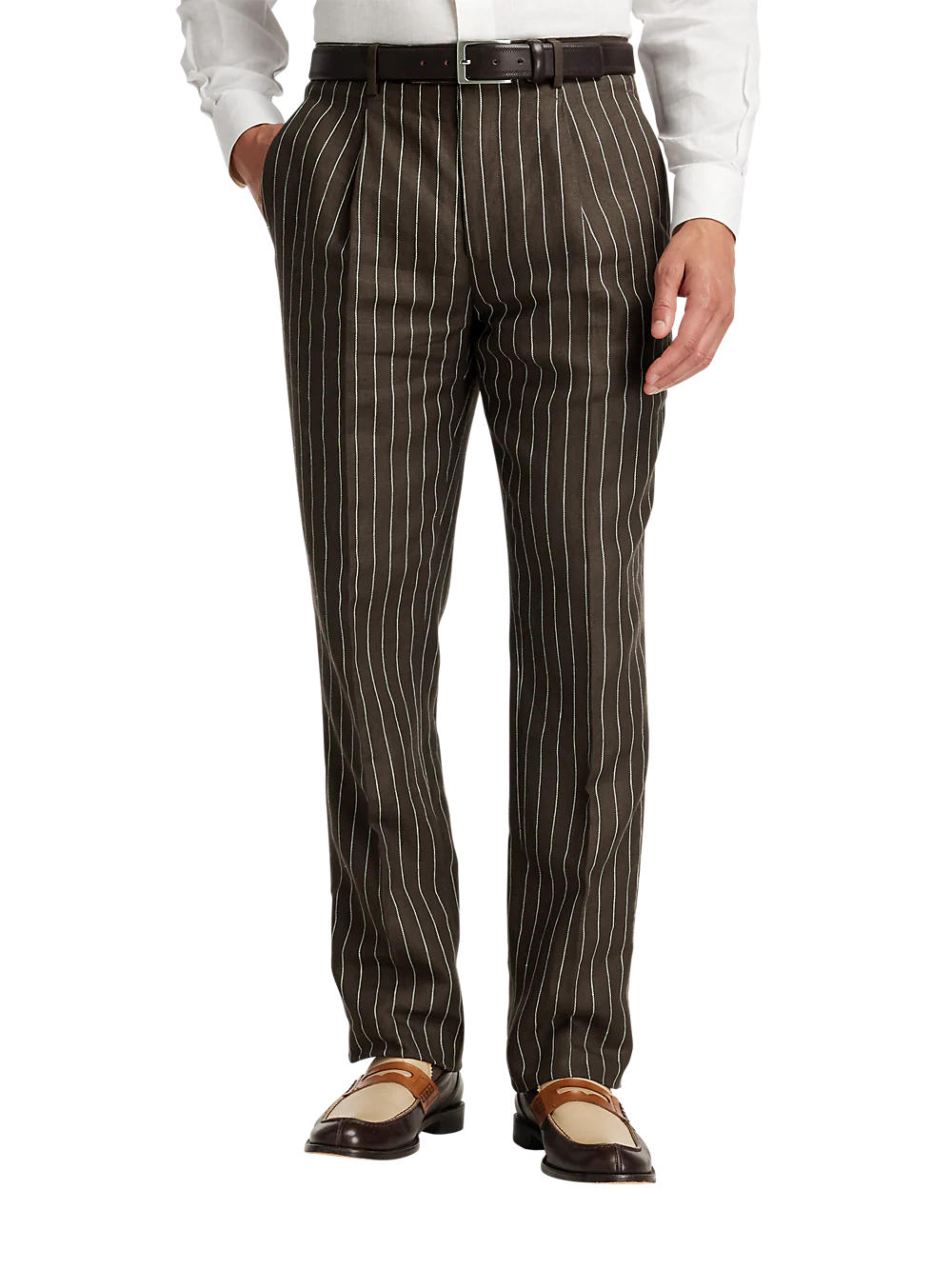 Linen Pinstripe Double Breasted Peak Lapel Suit - Dark Brown