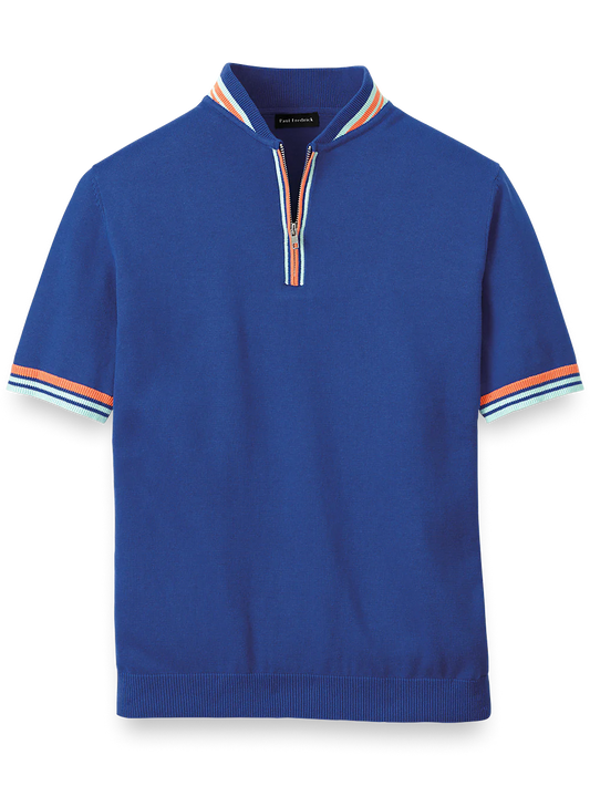 Cotton Quarter Zip Crew Neck Sweater - Blue