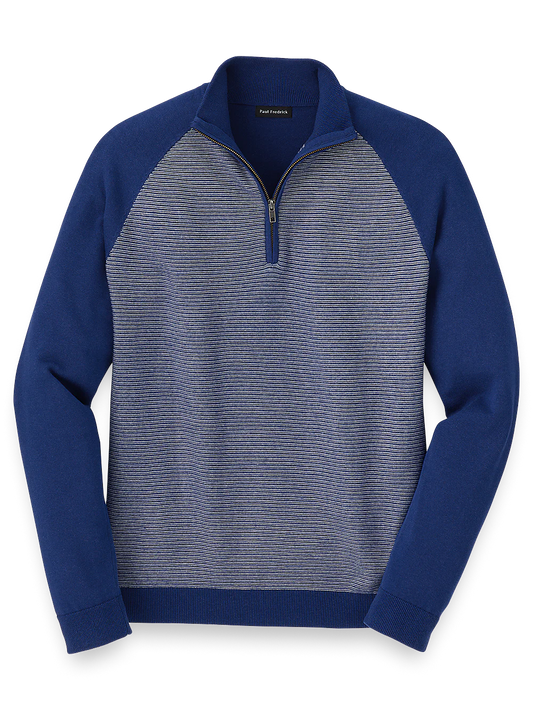 Cotton Zip Mock Neck Sweater - Blue