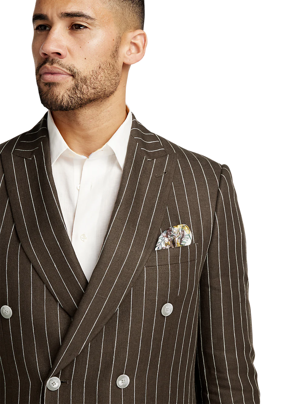 Linen Pinstripe Double Breasted Peak Lapel Suit - Dark Brown