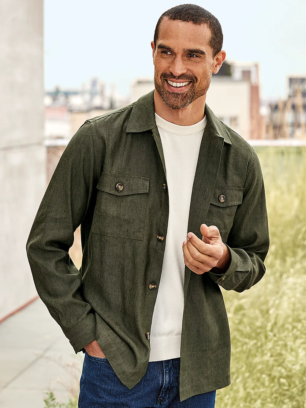 Linen Blend Solid Overshirt - Olive