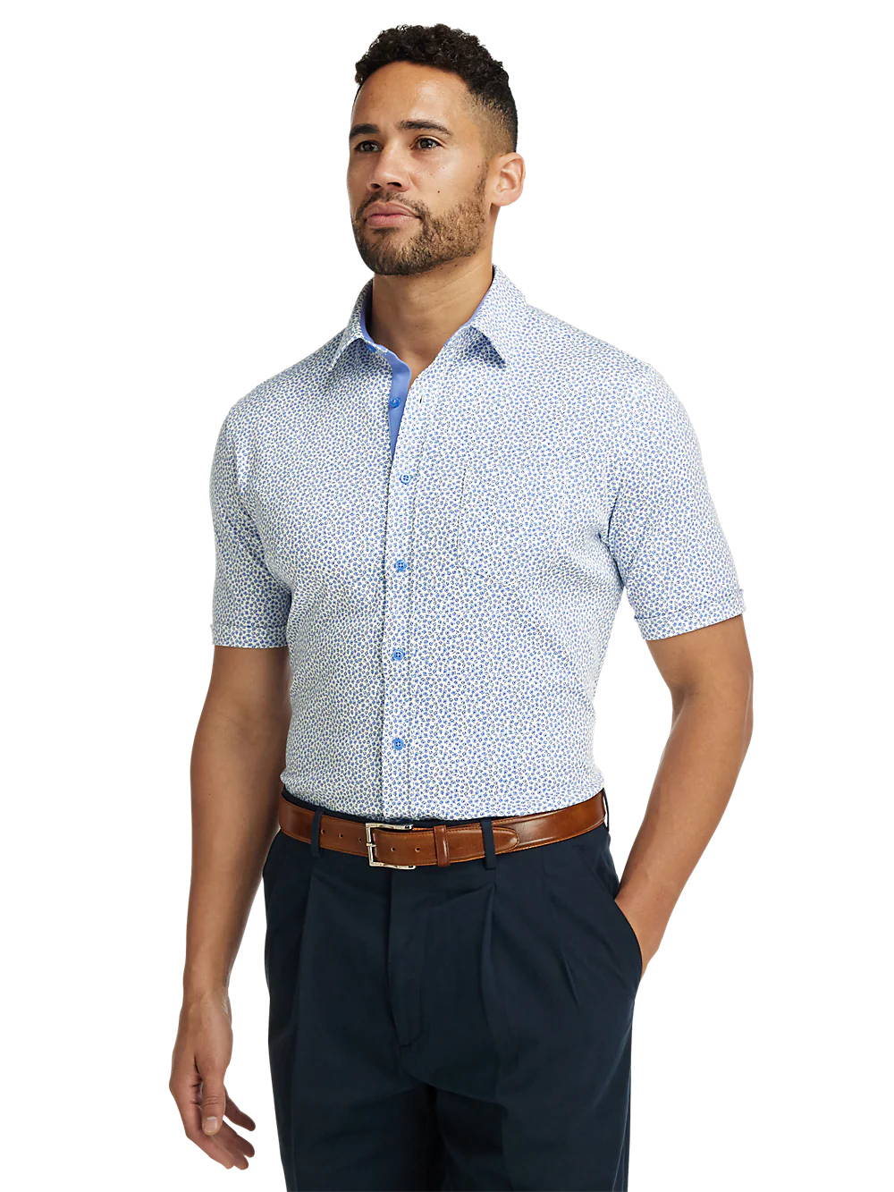 Cotton Button Front Polo - Light Blue/white