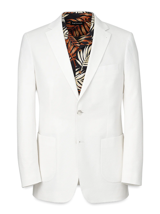 Cotton Stretch Seersucker Notch Lapel Suit Jacket - White