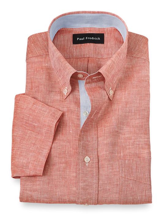 Non-Iron Linen Solid Dress Shirt With Contrast Trim - Coral