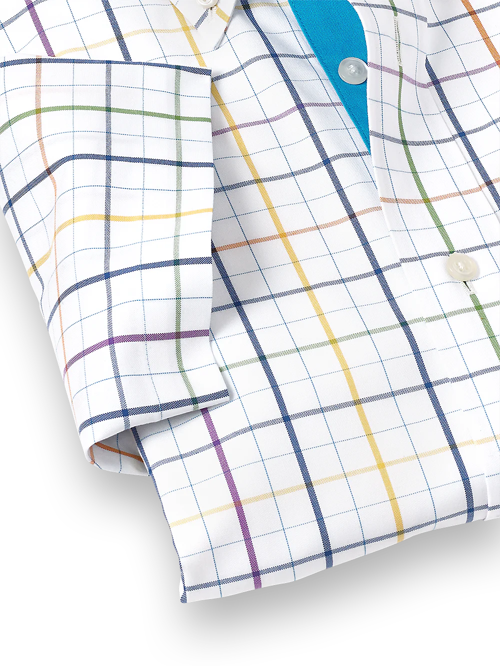 Comfort Stretch Non-Iron Tattersall Dress Shirt With Contrast Trim - Multi