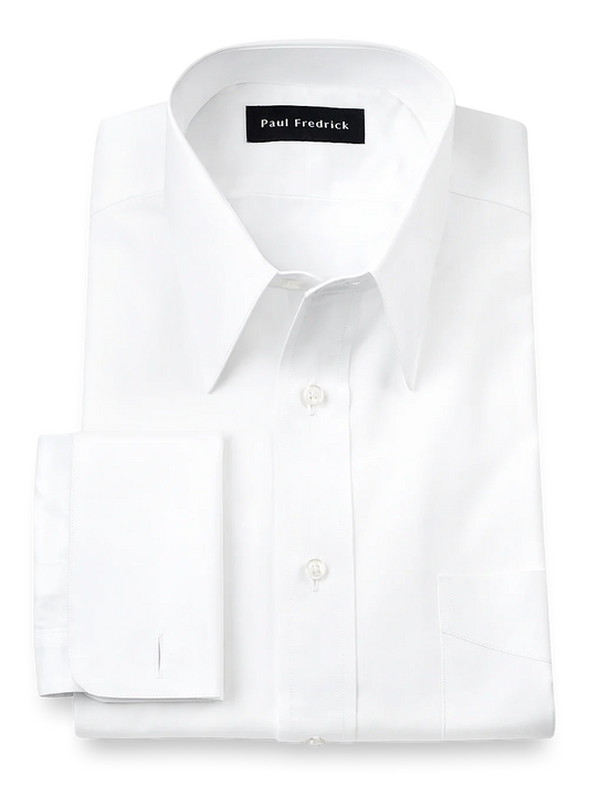 Pure Cotton Broadcloth Edge-stitched Straight Collar French Cuff Dress Shirt - White