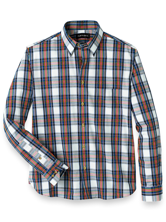 Cotton Blend Tartan Plaid Casual Shirt - White Multi