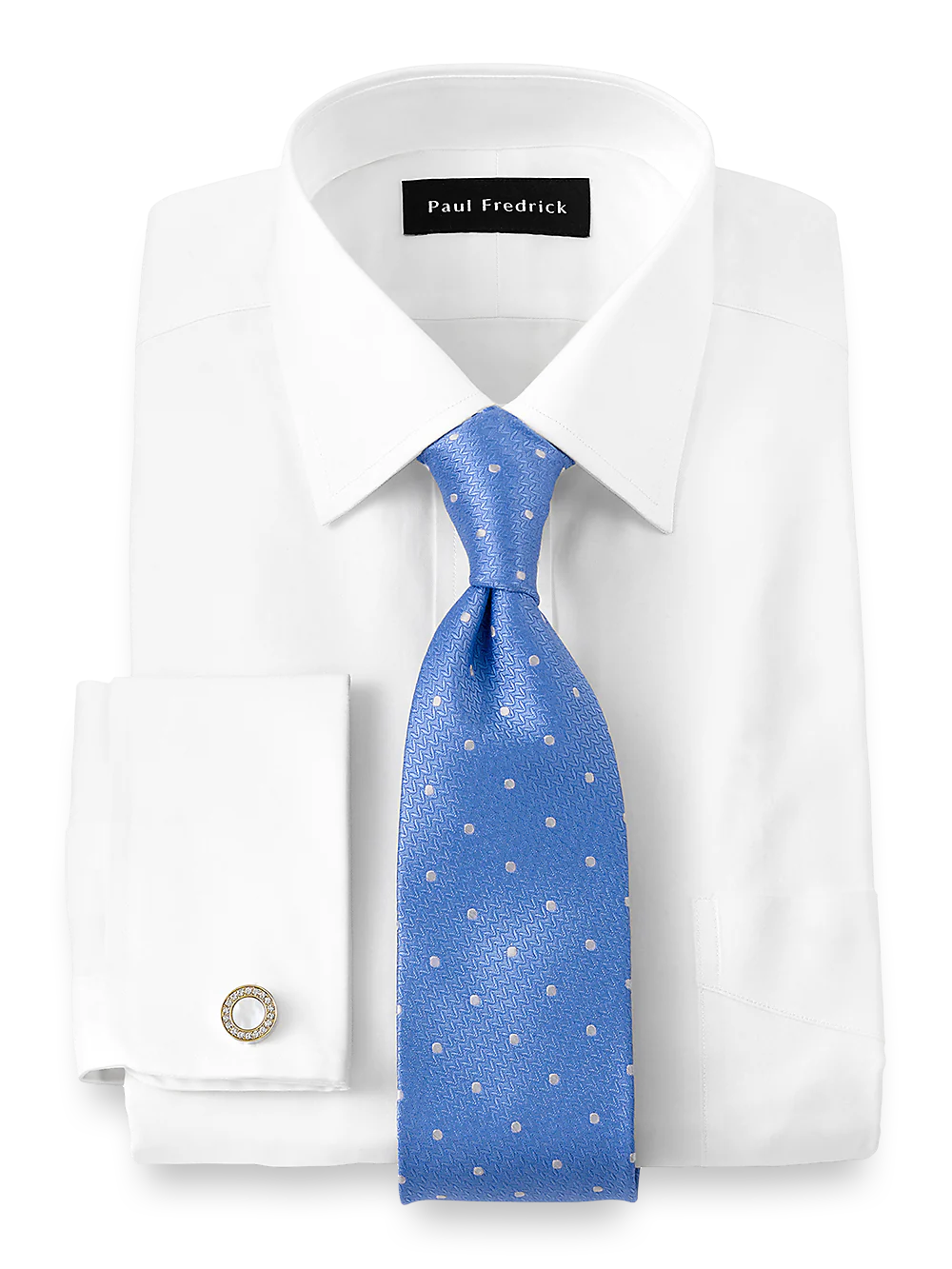 Pure Cotton Pinpoint Solid Color Spread Collar French Cuff Dress Shirt - Blue