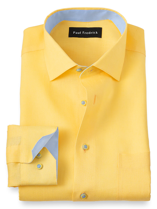 Non-Iron Linen Solid Dress Shirt With Contrast Trim - Yellow