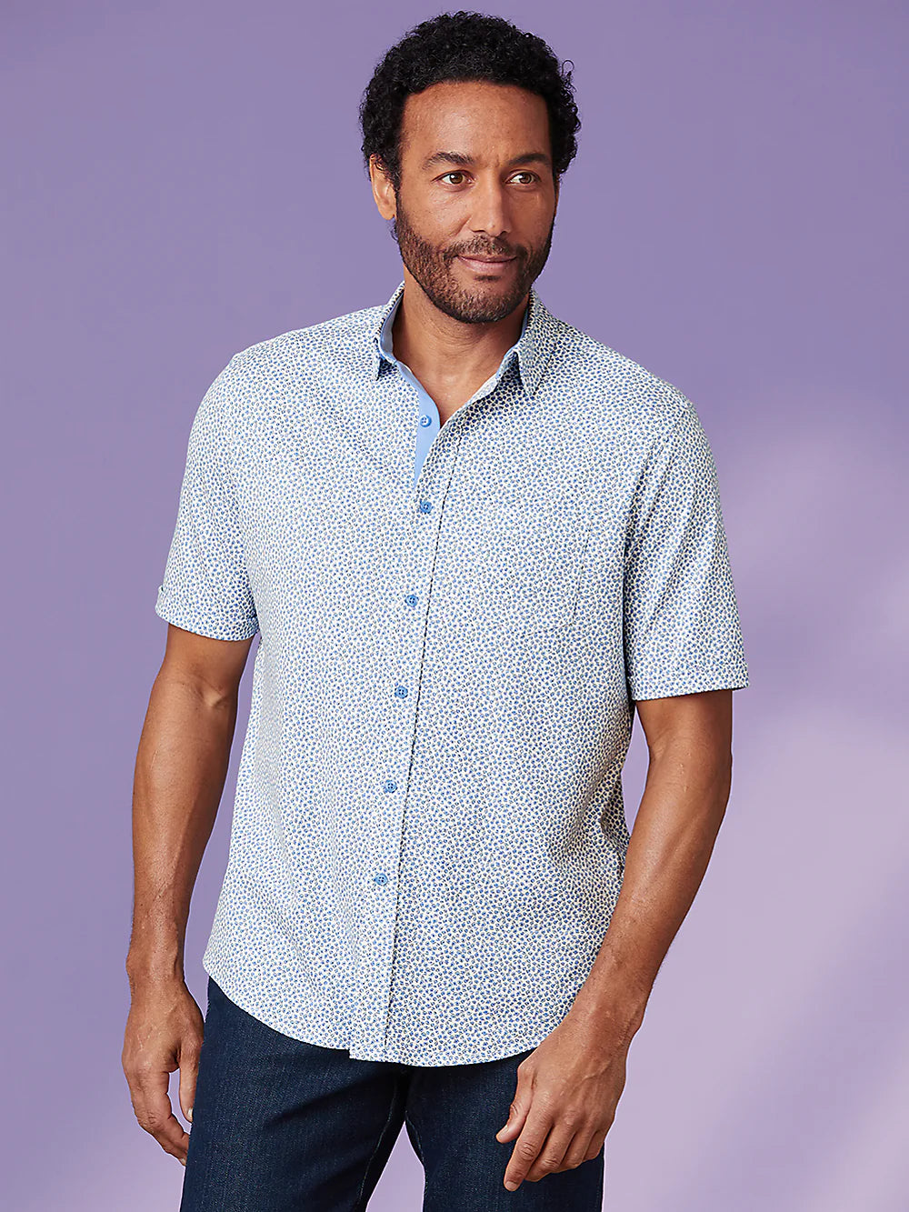 Cotton Button Front Polo - Light Blue/white