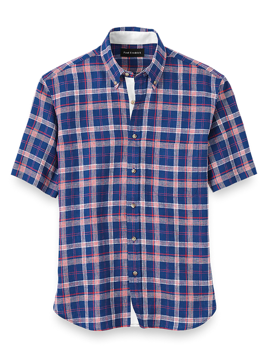 Linen Plaid Casual Shirt - Blue/red