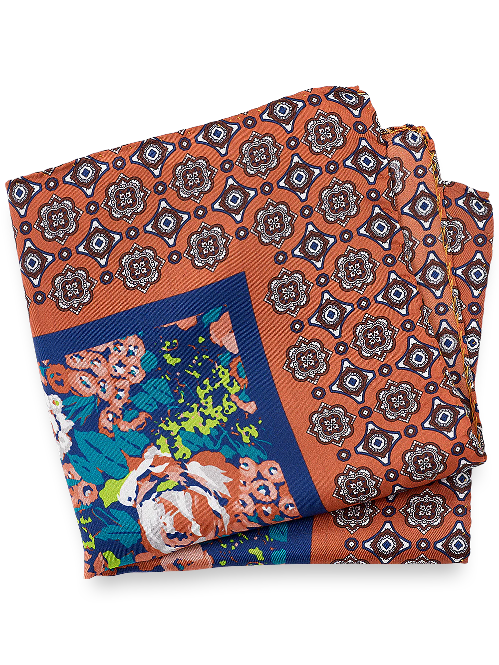 Medallion Silk Pocket Square - Orange/blue