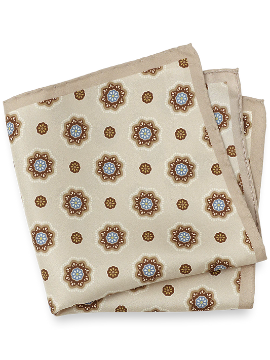 Medallion Silk Pocket Square - Tan/blue