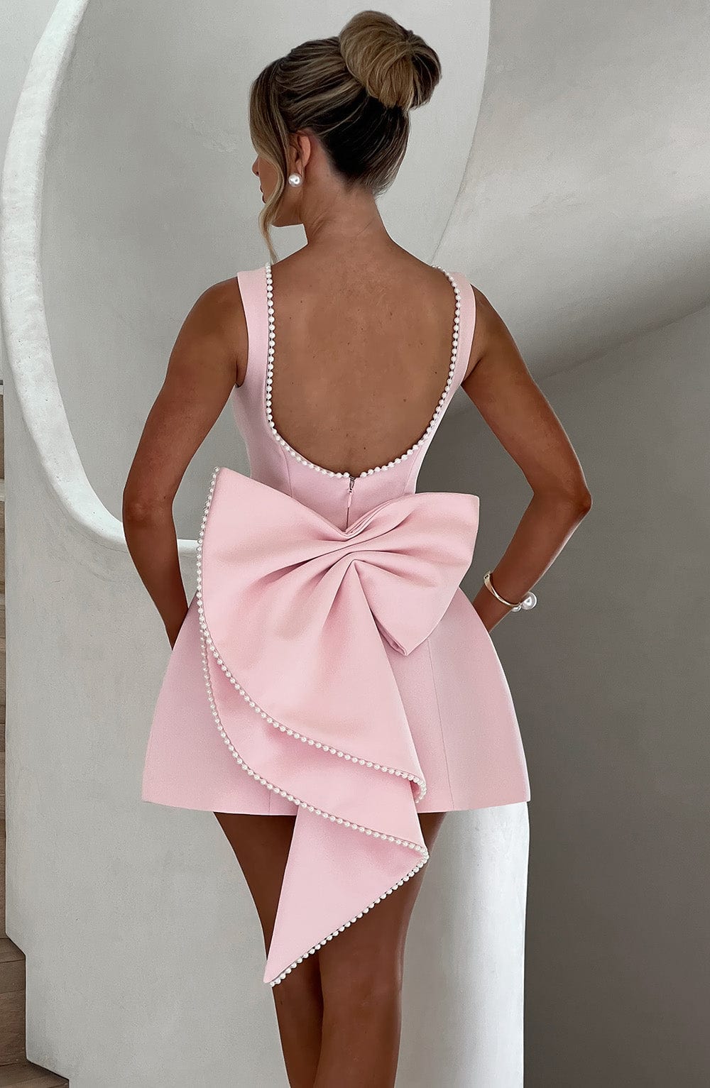 Backless Pearl Bow A-Line Mini Dress