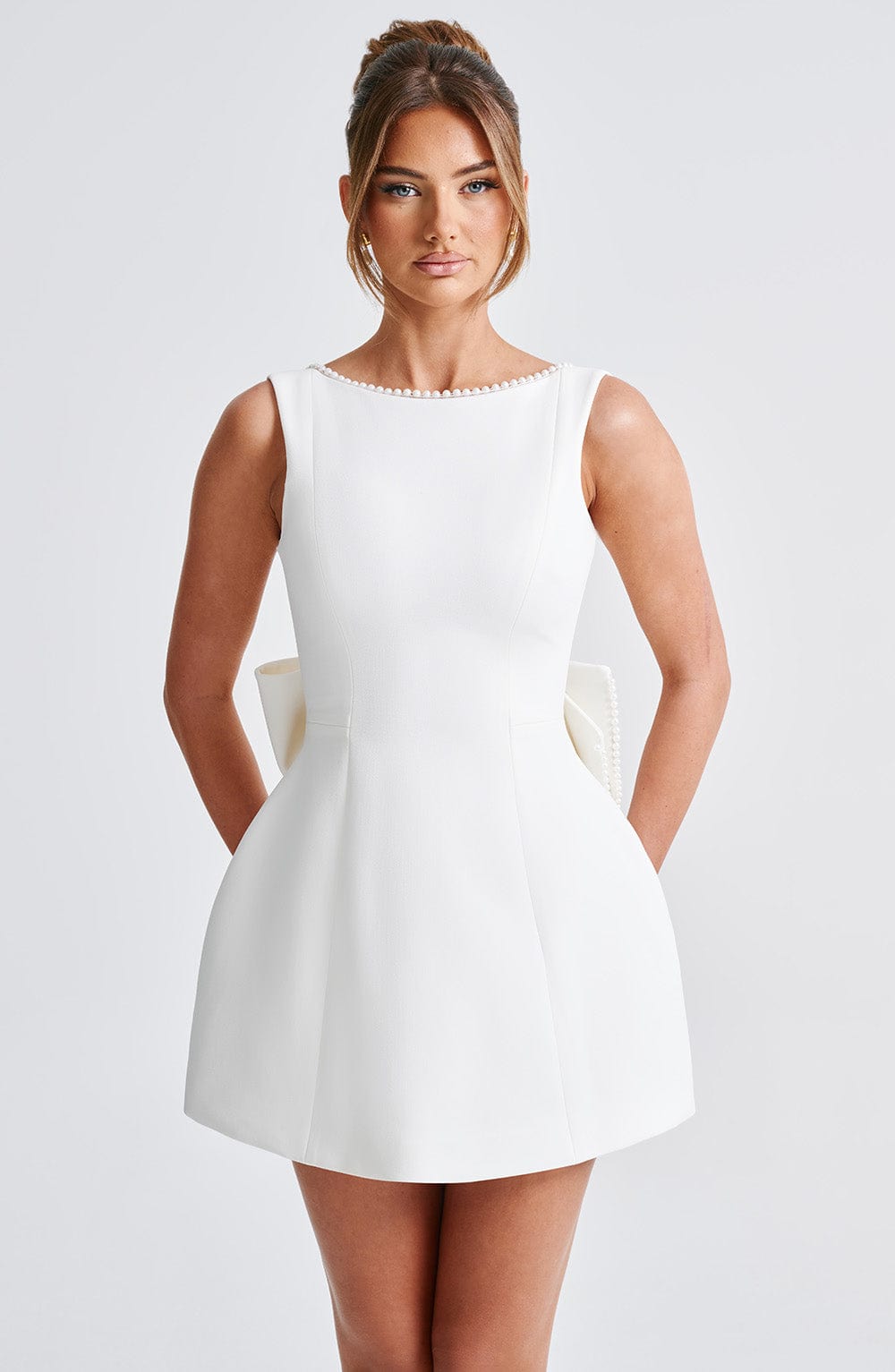 Pearl Bow Backless Bubble Mini Dress - White