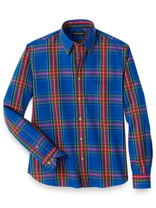 Cotton Blend Tartan Plaid Casual Shirt - Navy