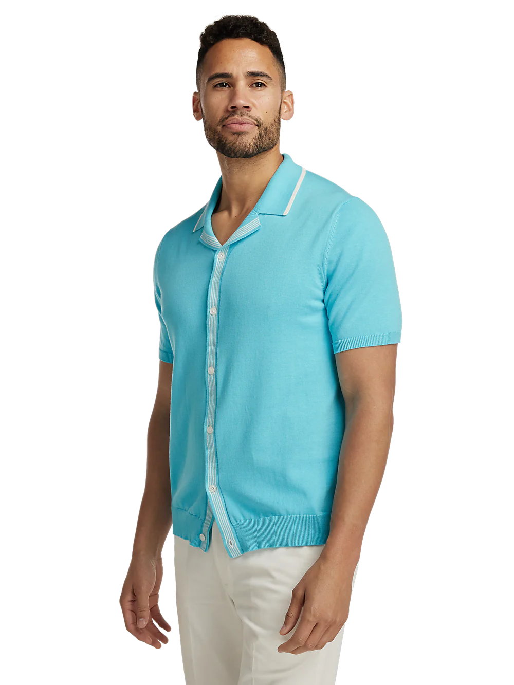 Cotton Button Front Camp Collar Sweater - Aqua