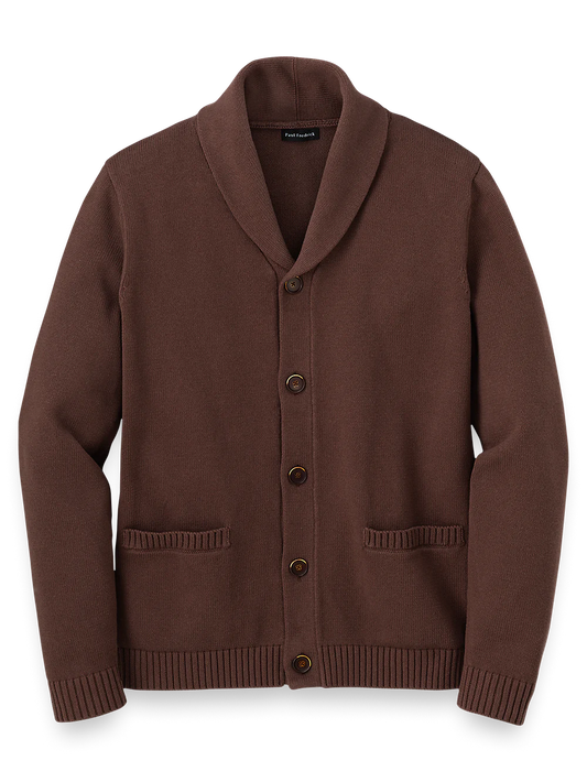 Cotton Button Front Shawl Collar Cardigan - Dark Brown