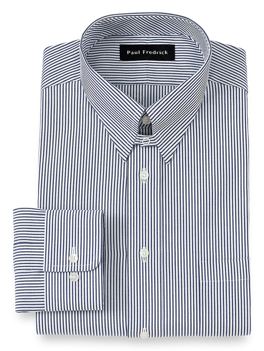 Pure Cotton Pinpoint Solid Color Snap Tab Collar Dress Shirt - Blue Stripe