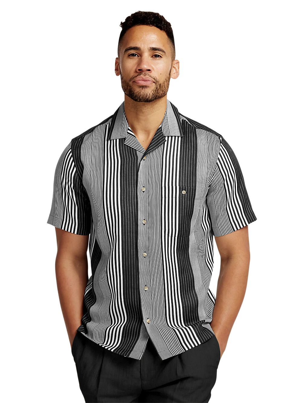 Linen Stripe Print Casual Shirt - Black/white