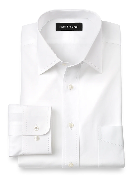 Pure Cotton Broadcloth Solid Color Spread Collar Dress Shirt - White