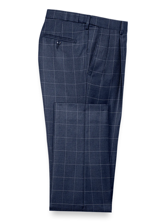 Classic Fit Essential Wool Pleated Suit Pants - Navy Windowpane