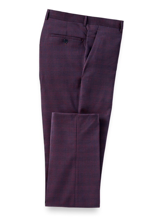 Italian Wool Plaid Flat Front Suit Pants - Wine