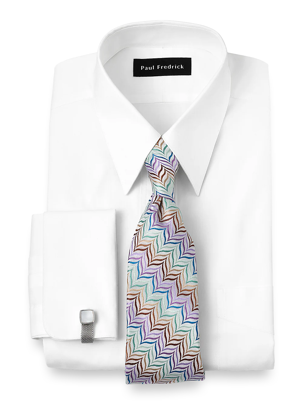 Pure Cotton Pinpoint Edge-stitched Straight Collar French Cuff Dress Shirt - White