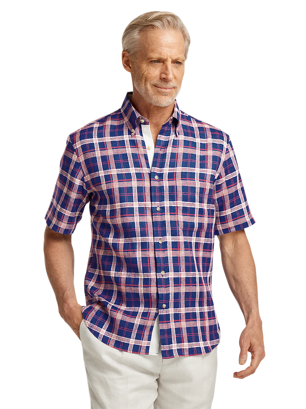 Linen Plaid Casual Shirt - Blue/red