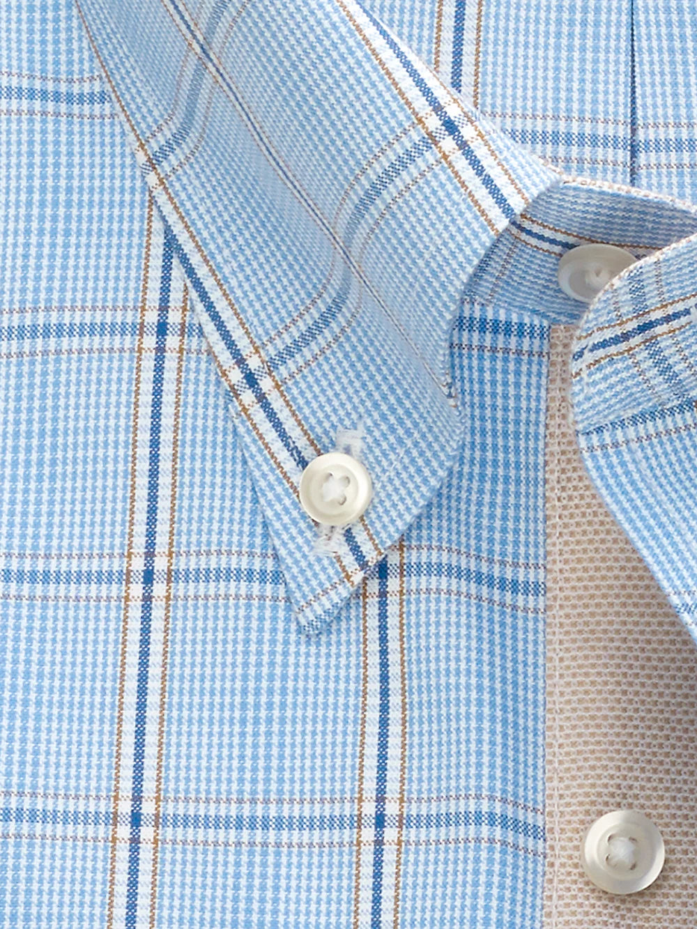 Non-Iron Cotton Pinpoint Glen Plaid Dress Shirt With Contrast Trim - Blue/tan