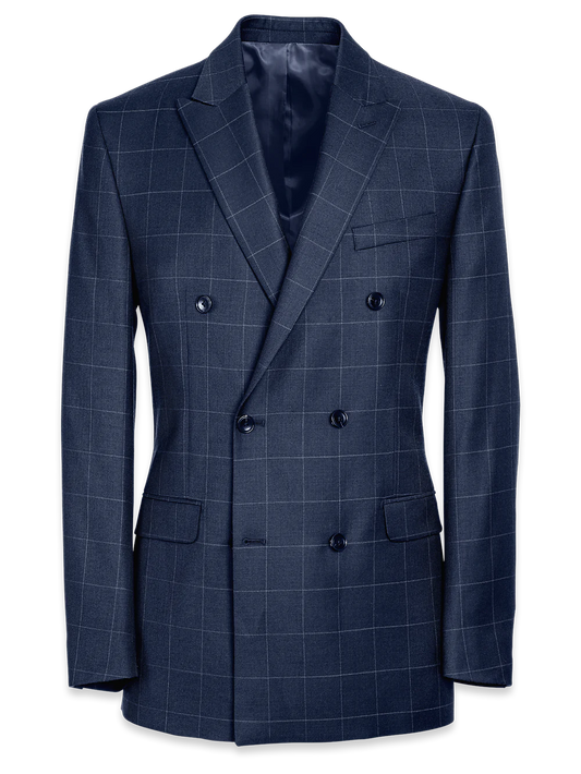 Classic Fit Essential Wool Double Breasted Peak Lapel Suit Jacket - Navy Windowpane