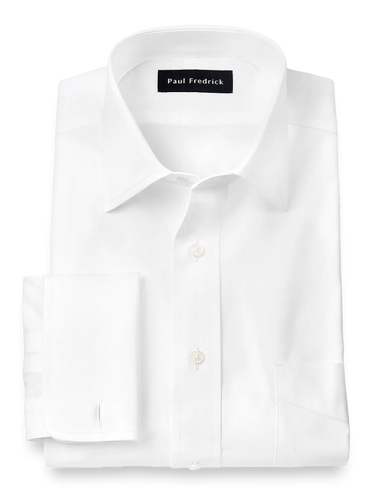 Pure Cotton Broadcloth Solid Color Spread Collar French Cuff Dress Shirt - White