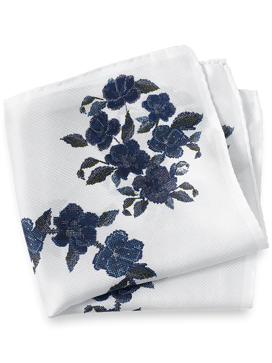 Floral Silk Pocket Square - White/blue