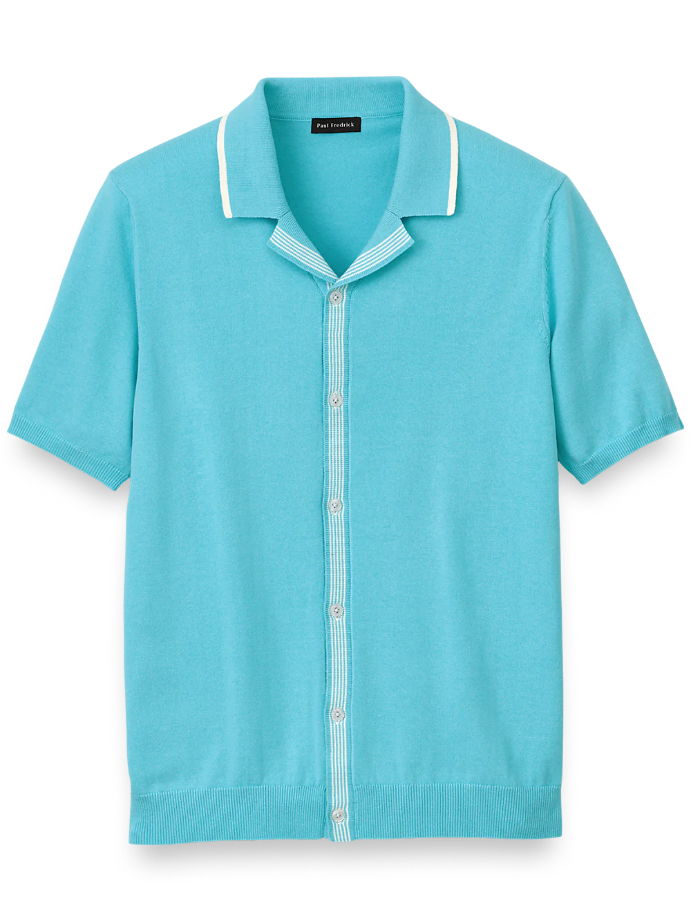 Cotton Button Front Camp Collar Sweater - Aqua