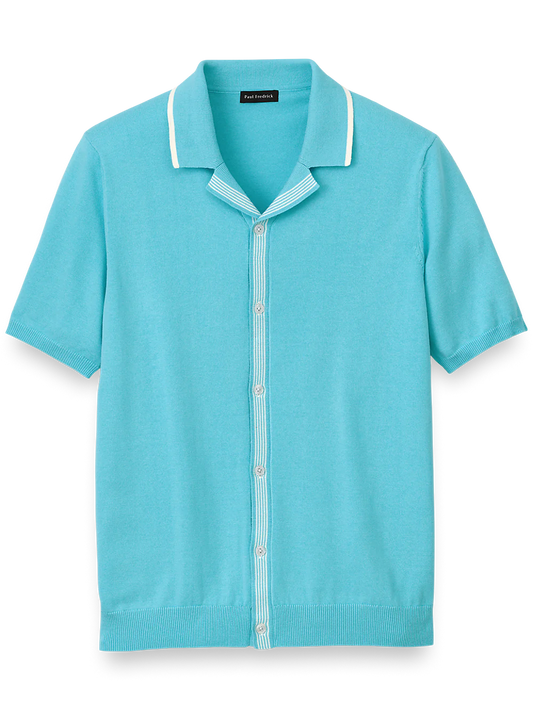 Cotton Button Front Camp Collar Sweater - Aqua