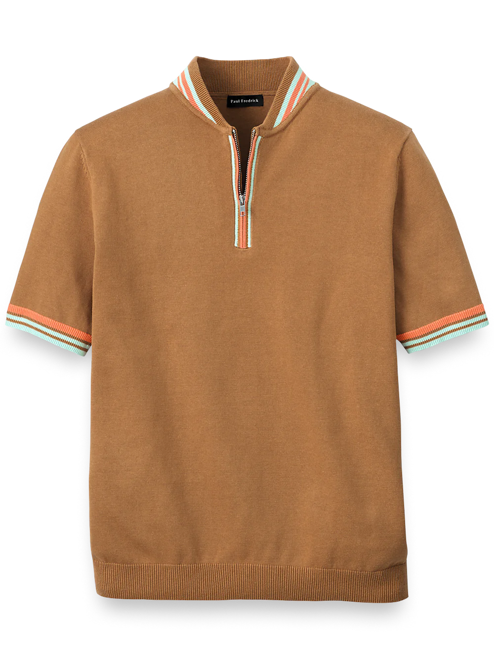 Cotton Quarter Zip Crew Neck Sweater - Brown