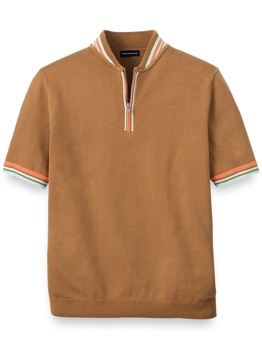 Cotton Quarter Zip Crew Neck Sweater - Brown