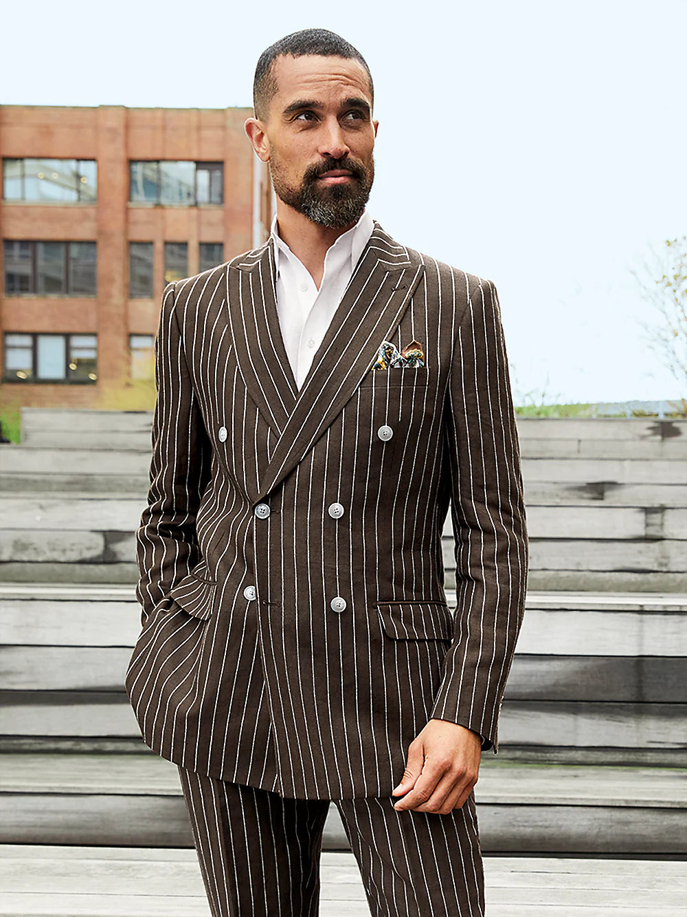 Linen Pinstripe Double Breasted Peak Lapel Suit - Dark Brown