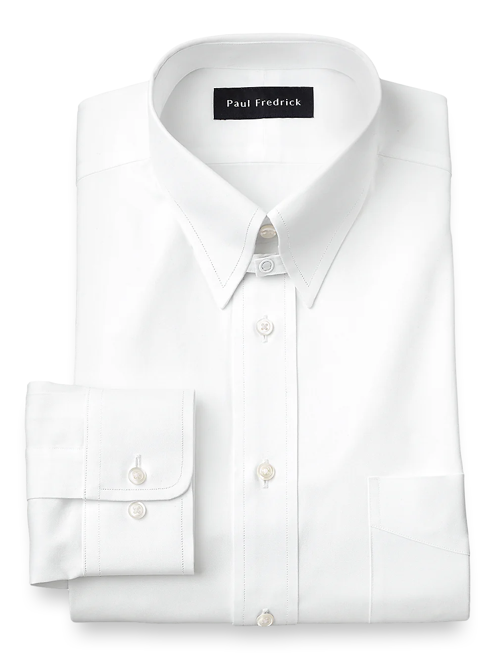 Pure Cotton Pinpoint Solid Color Snap Tab Collar Dress Shirt - White