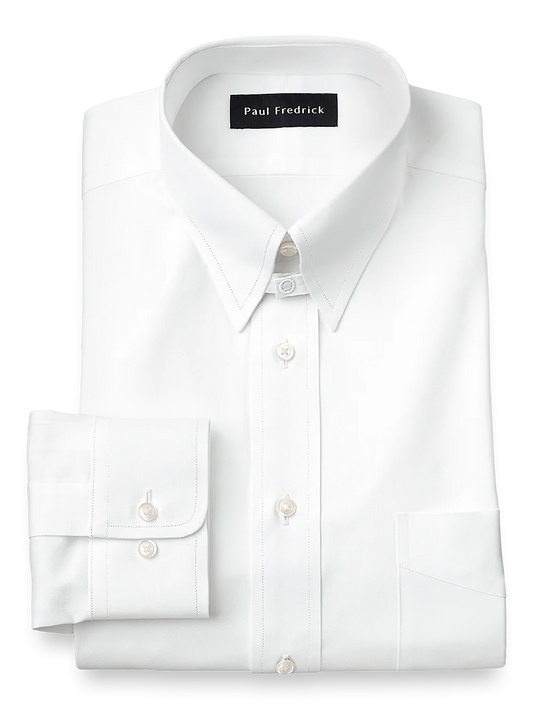 Pure Cotton Pinpoint Solid Color Snap Tab Collar Dress Shirt - White