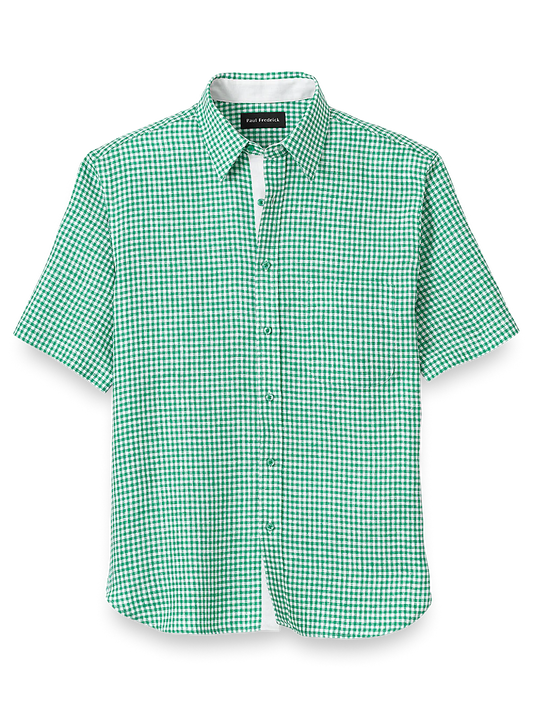 Linen Gingham Check Casual Shirt - Green