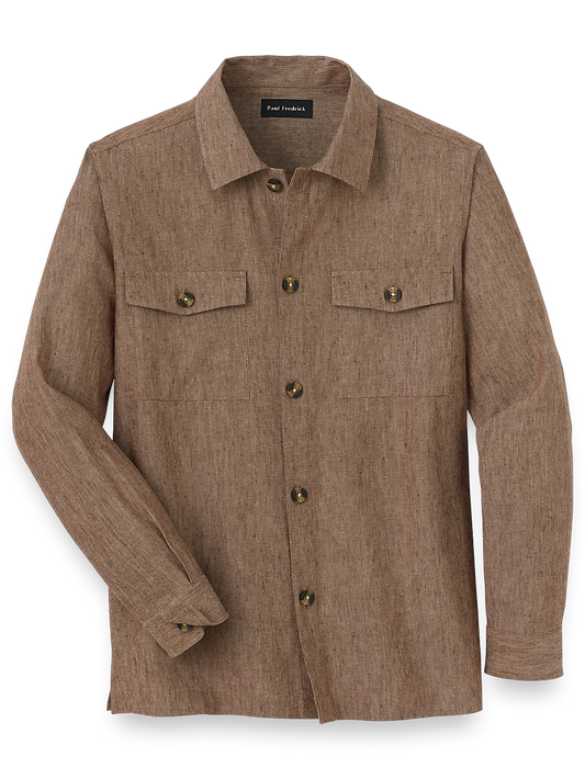 Linen Blend Solid Overshirt - Brown