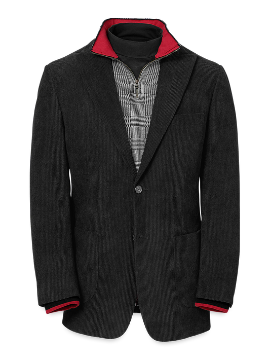 Corduroy Single Breasted Peak Lapel Suit Jacket - Black