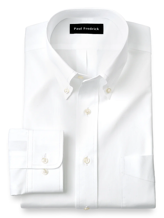 Slim Fit Pure Cotton Broadcloth Solid Color Button Down Collar Dress Shirt - White