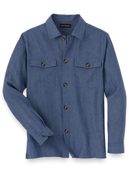 Linen Blend Solid Overshirt - Blue