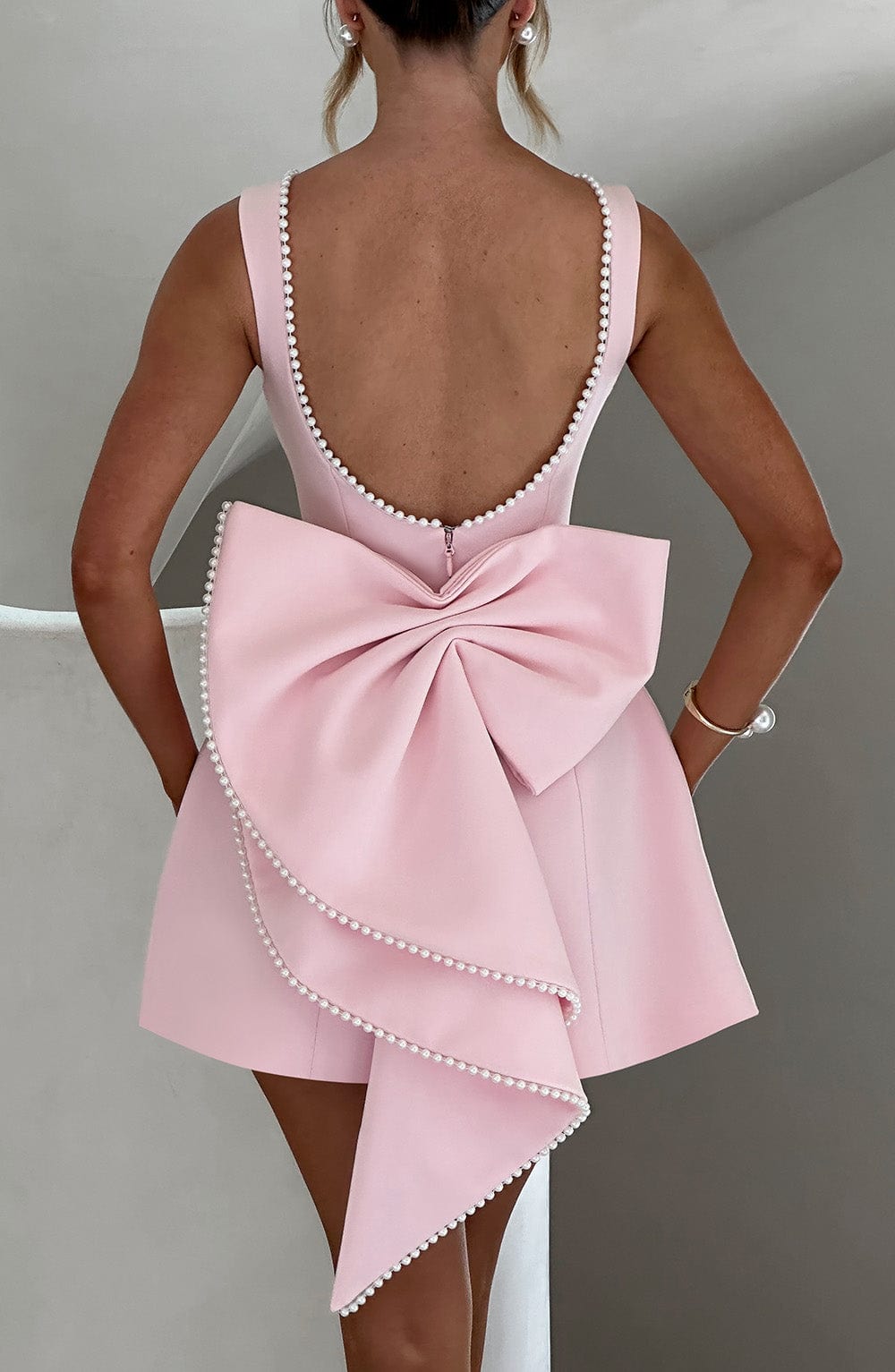 Backless Pearl Bow A-Line Mini Dress