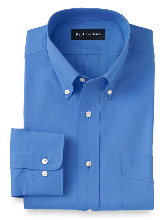 Pure Cotton Pinpoint Solid Color Button Down Collar Dress Shirt - French Blue